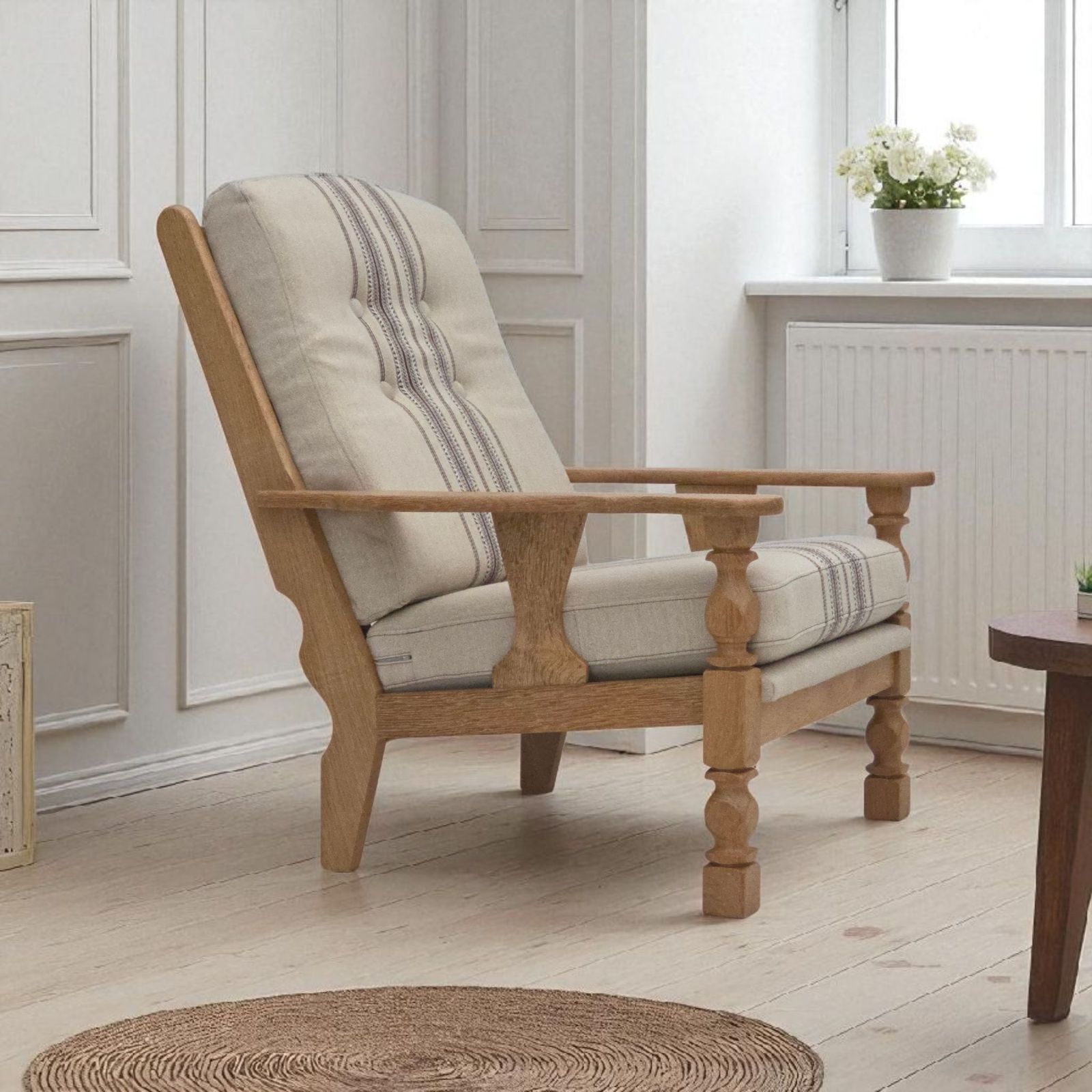 1970s, Danish Armchair, Furniture Wool, Solid Oak Wood.
