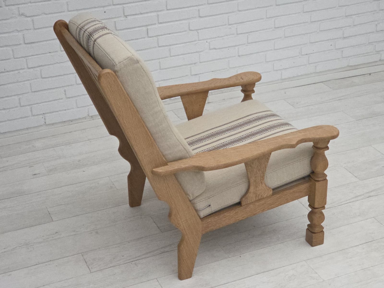 1970s, Danish Armchair, Furniture Wool, Solid Oak Wood. photo vintage