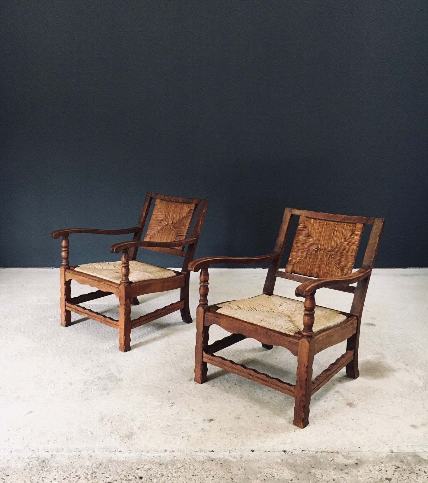 Arts & Crafts Handcrafted Low Lounge Armchairs, Belgium 1920's / 2