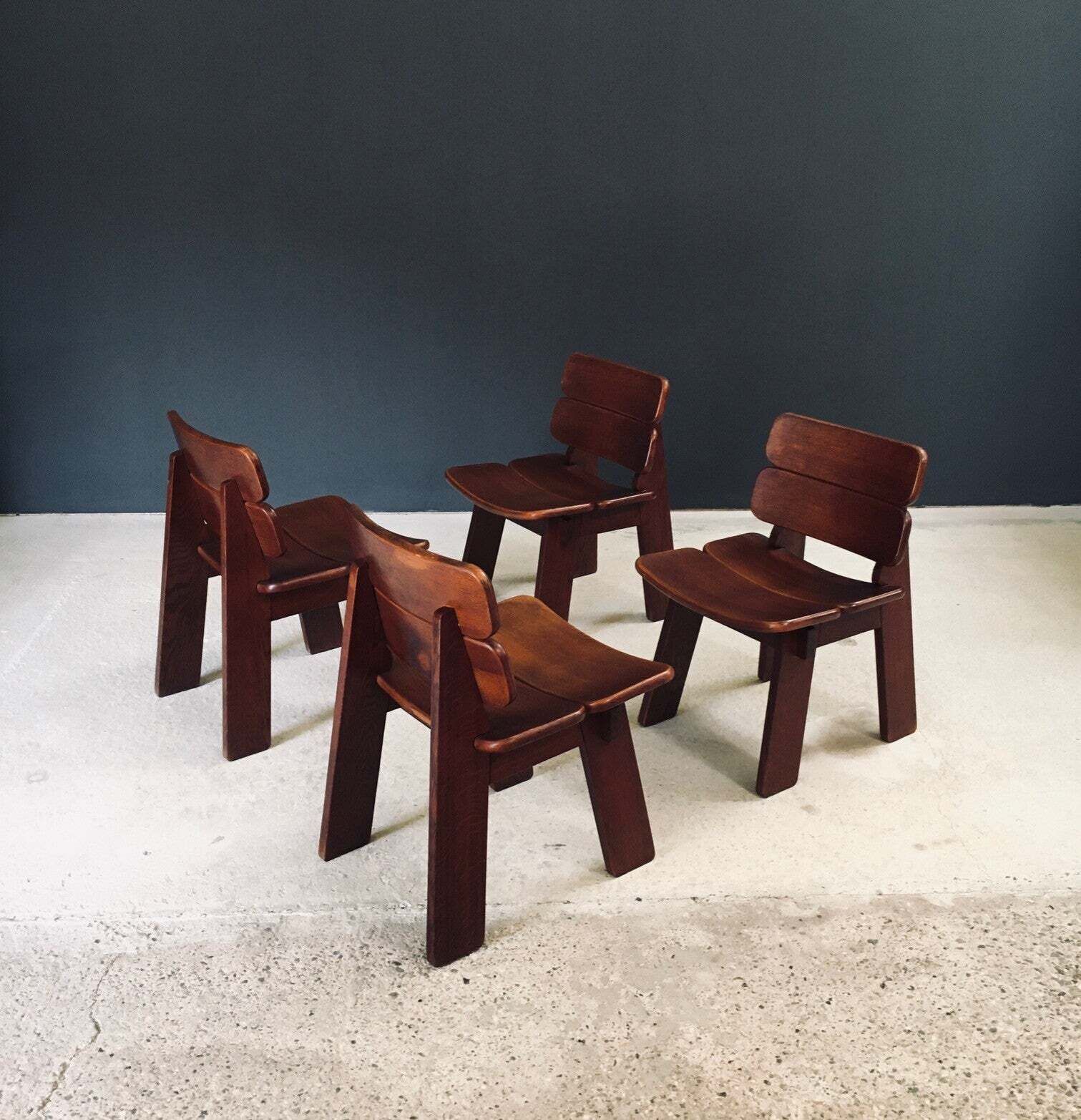 Constructivist Design Oak Dining Chairs, Belgium 1960's photo vintage
