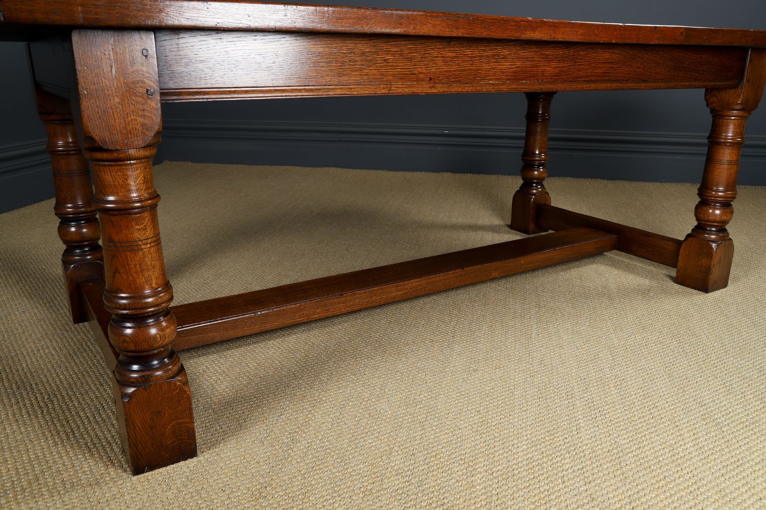 photo for sale Antique English 17th Century Style Set Of 8 Wainscot Kitchen Dining Chairs And 7ft Oak Refectory Table (Circa 1980)