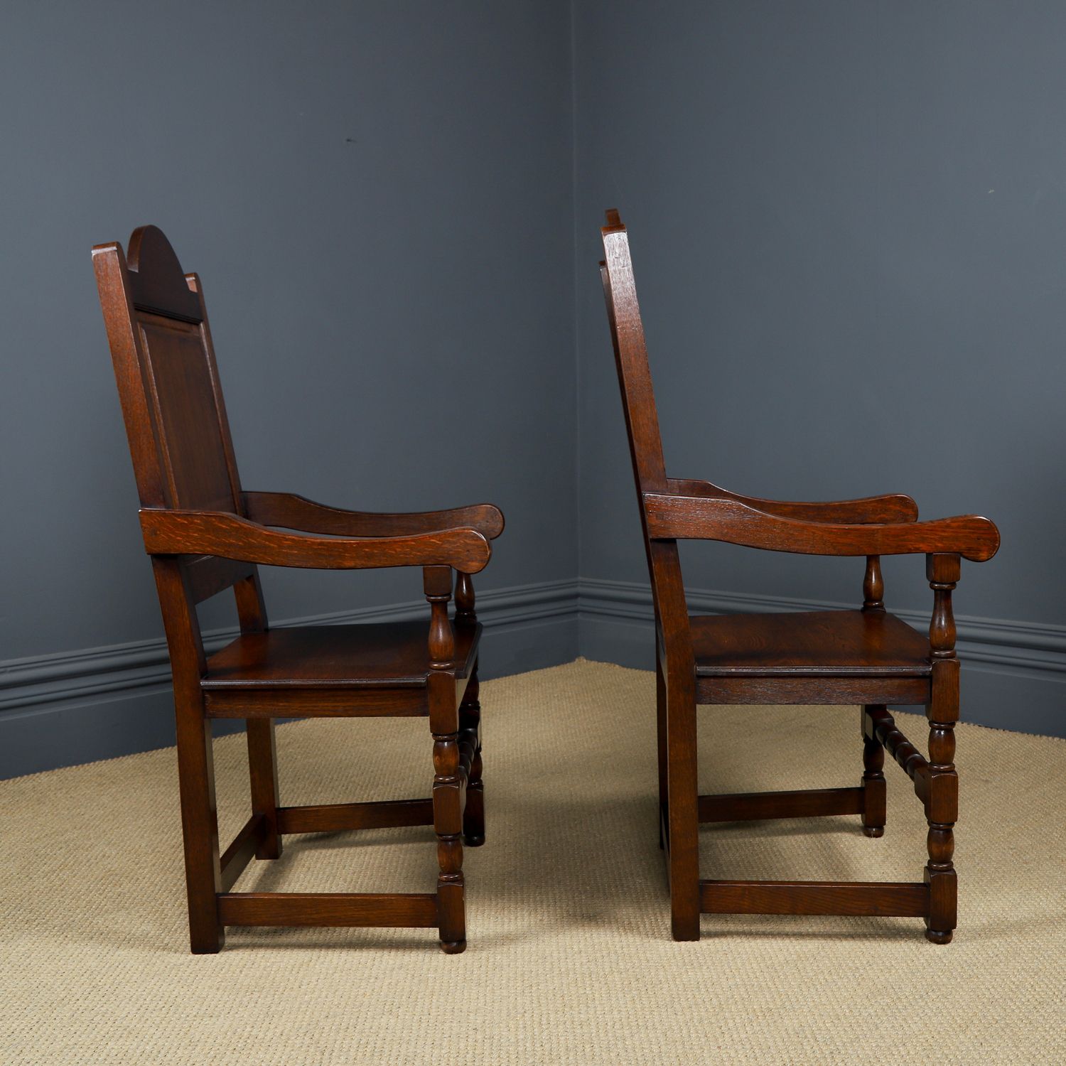 Furniture Antique English 17th Century Style Set Of 8 Wainscot Kitchen Dining Chairs And 7ft Oak Refectory Table (Circa 1980) photo