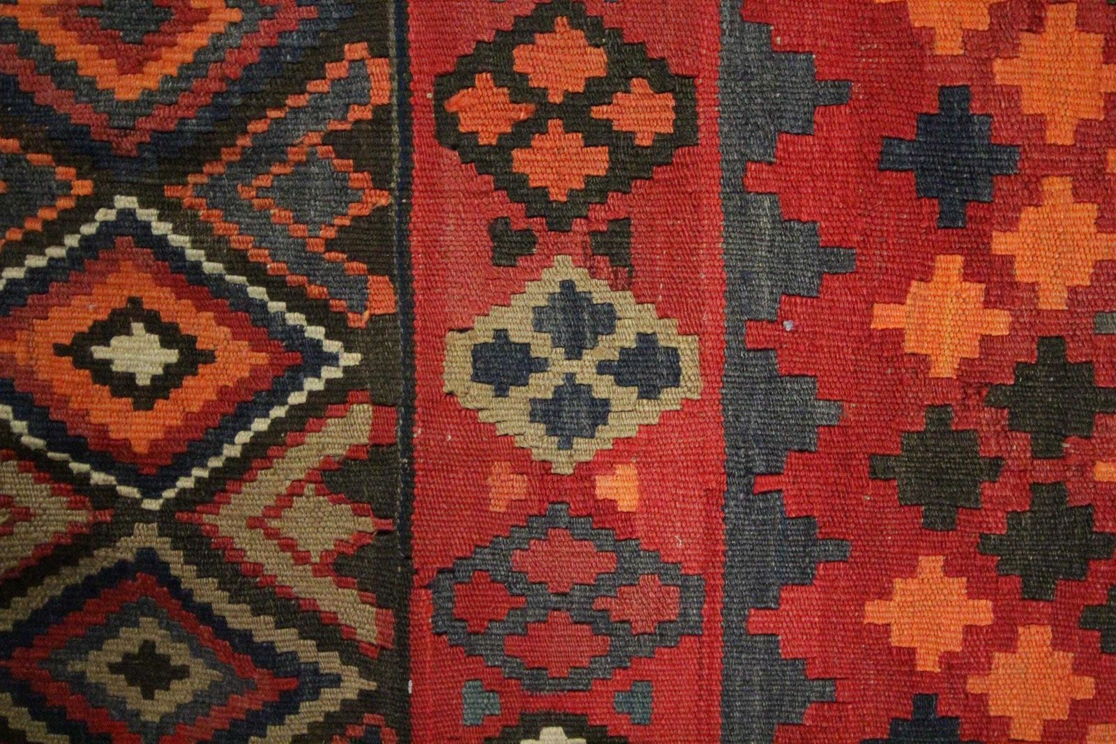 Deep Red Afghan Kilim Rug: Large Geometric Wool Handmade Carpet (6.7 X 11.1 Ft.) photo Textiles