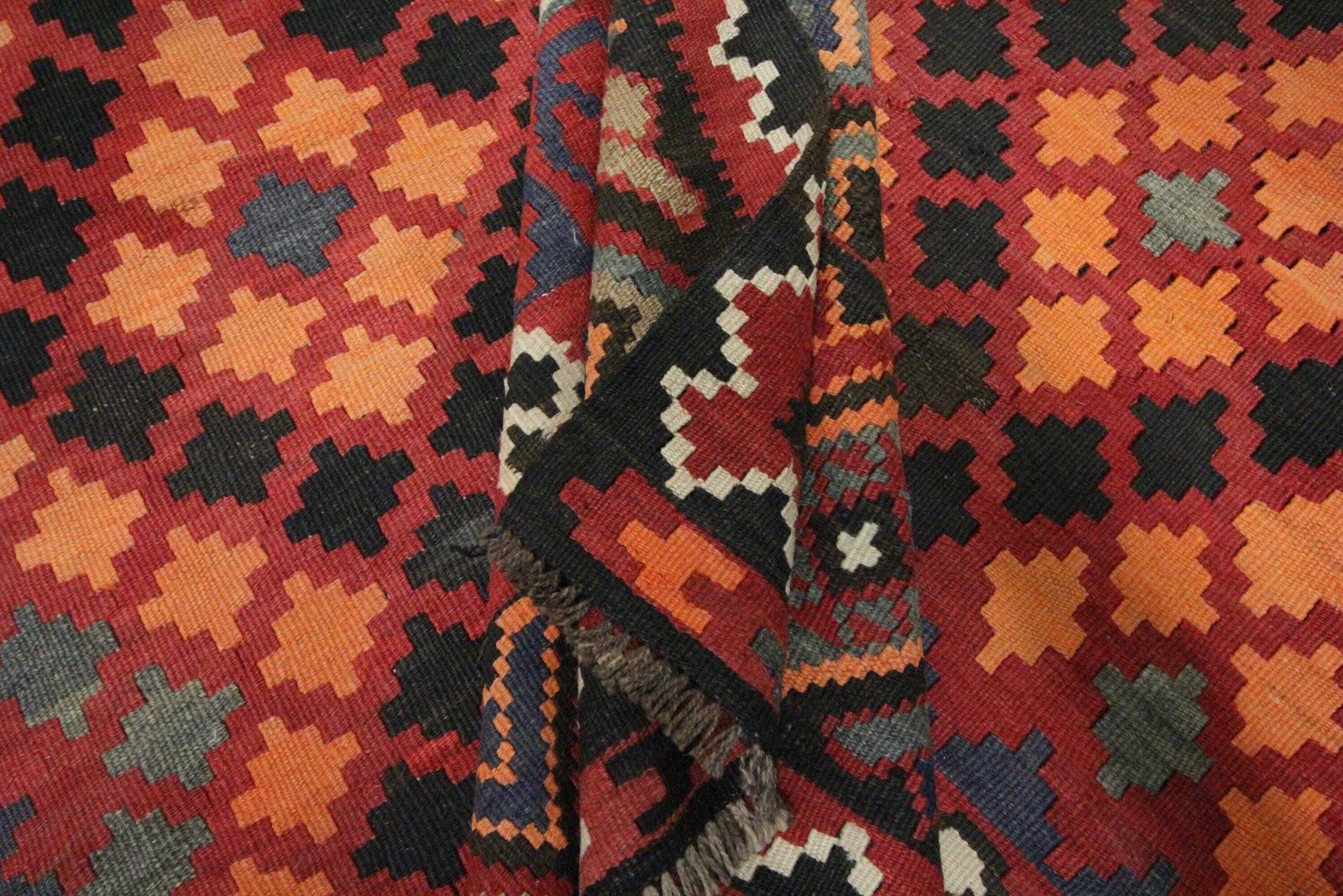 Deep Red Afghan Kilim Rug: Large Geometric Wool Handmade Carpet (6.7 X 11.1 Ft.) photo vintage