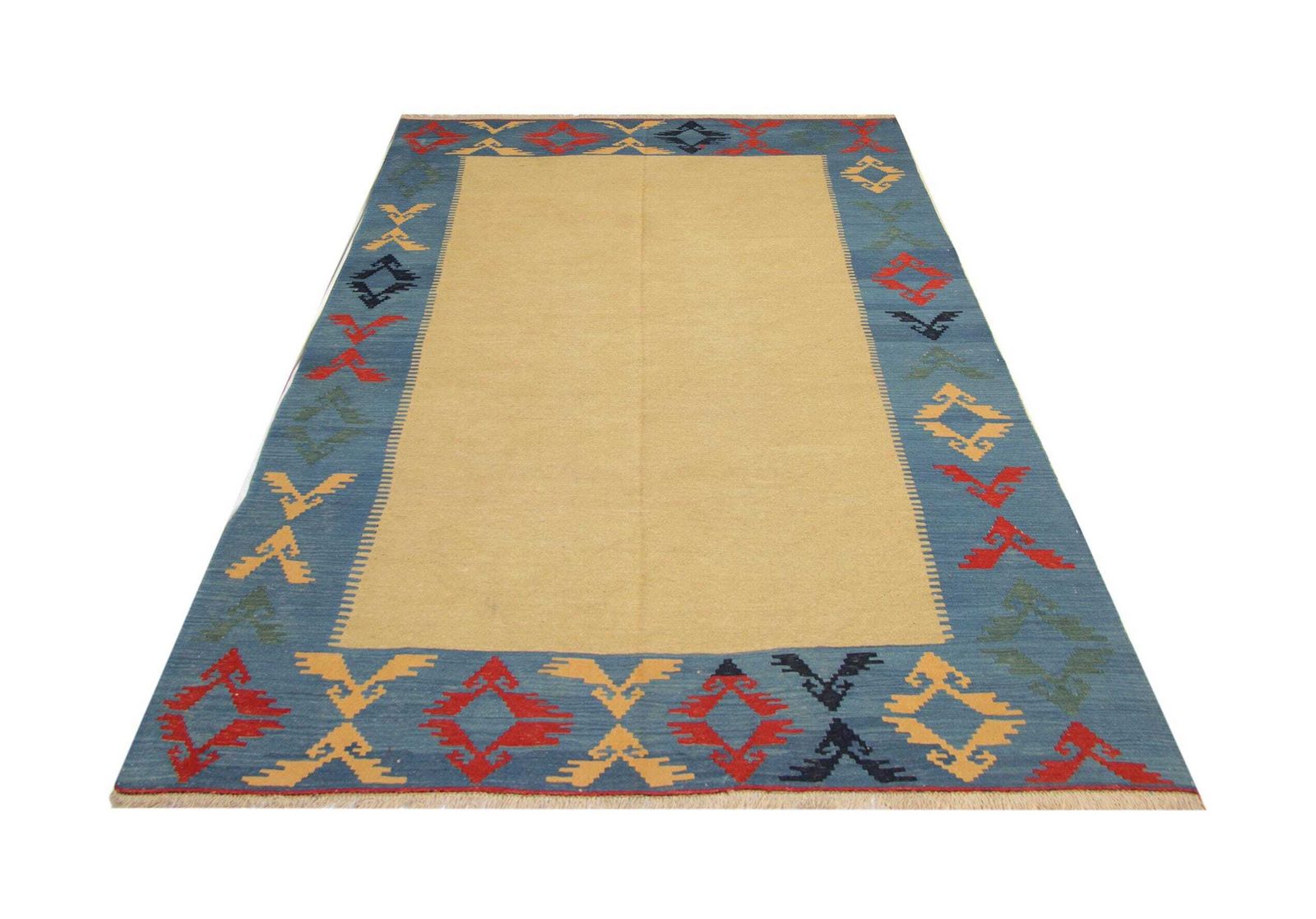 Large Yellow Afghan Kilim Rug: Gold Geometric Tribal Wool Carpet (9.10 X 6.7 Ft photo furniture