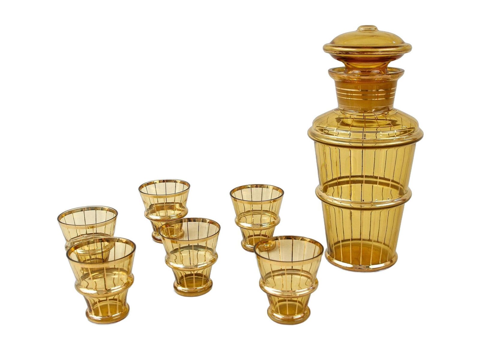 20th Century Art Deco Glass Decanter Set, Amber Colored/ Gilt   Cz Ca. 1920