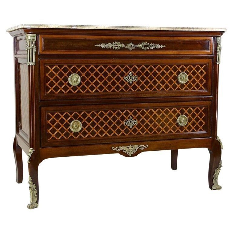 19th Century Transitional Marquetry Chest Of Drawers, Mahogany, Fr Circa 1870