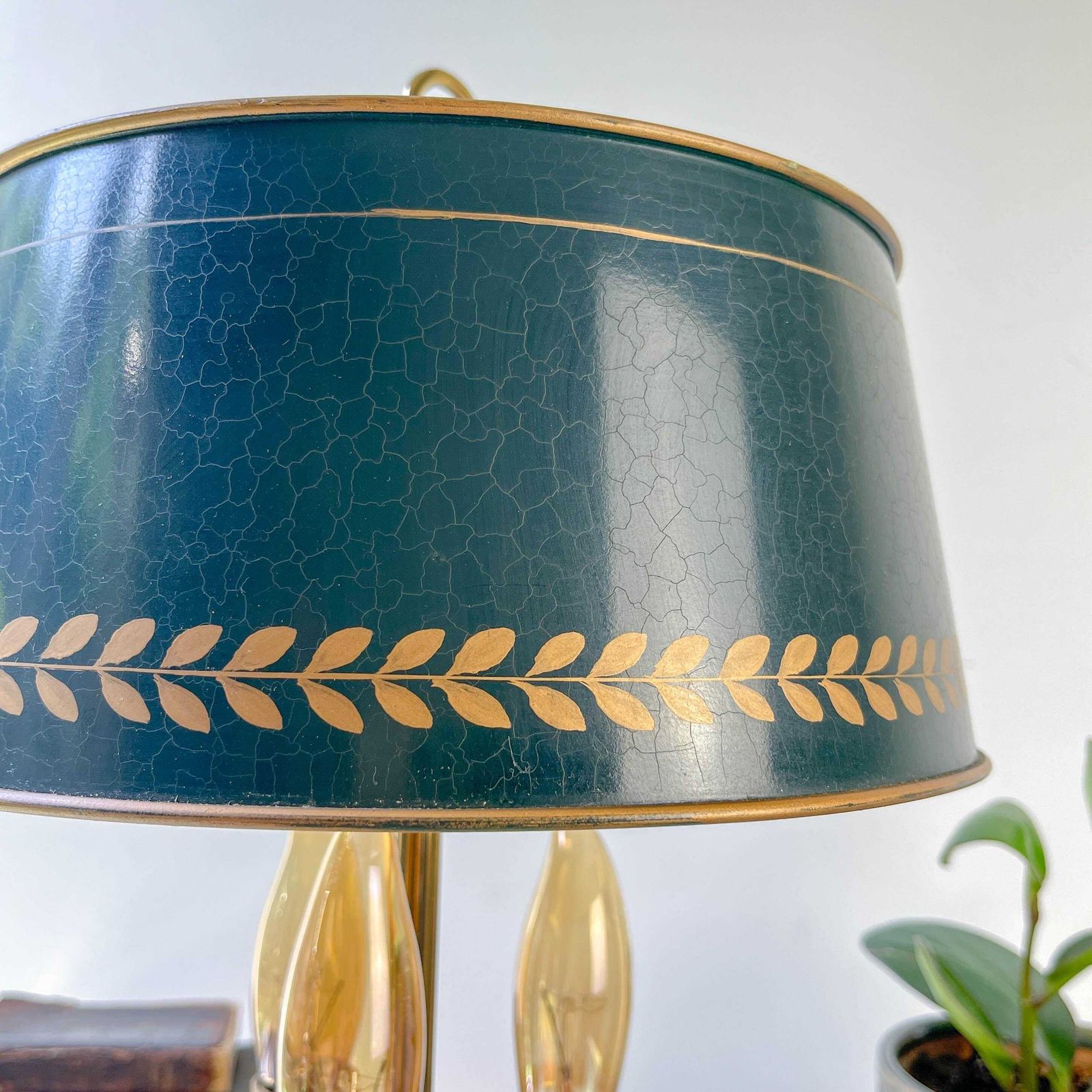 Vintage Empire Style Hot Water Bottle Lamp – Gilded Bronze And Laurel Green Shade – 3 Candle Arms photo Lighting