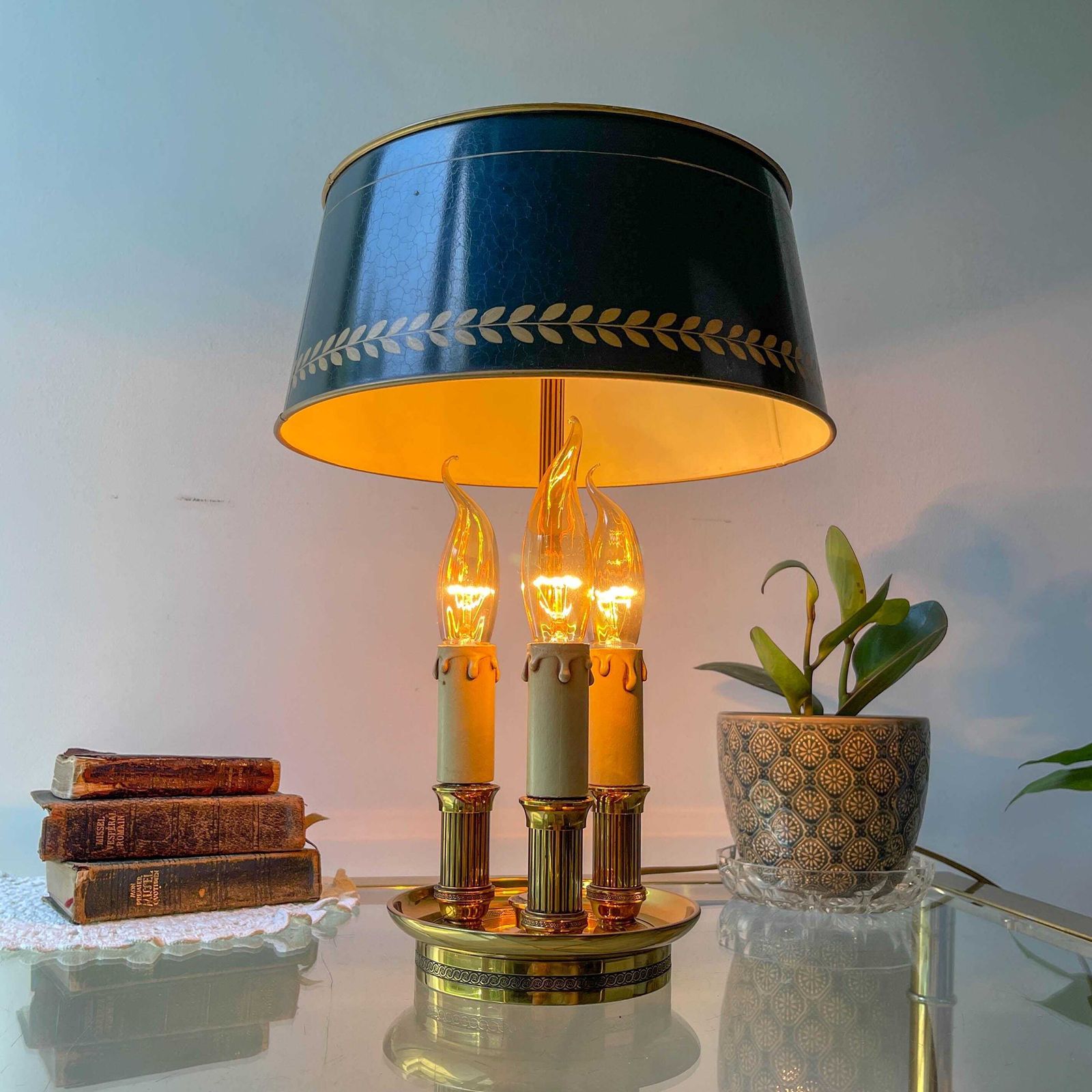 Vintage Empire Style Hot Water Bottle Lamp – Gilded Bronze And Laurel Green Shade – 3 Candle Arms photo buy