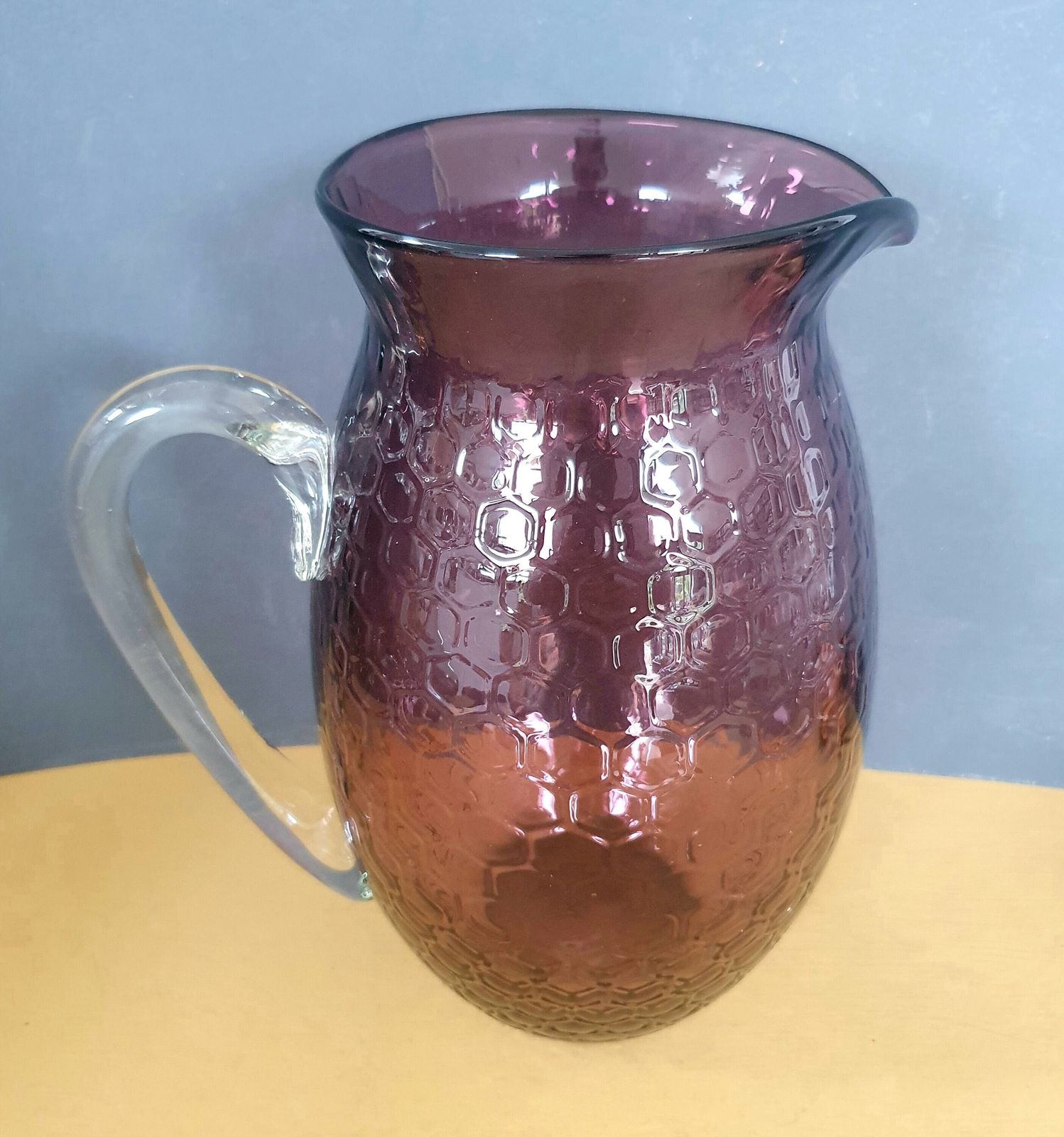 A Magnificent Vintage Murano 25cm Tall, 2.5l Amethyst Glass Xl Pitcher, Honeycomb Texture With Applied Owl Eyes Motif, 1970s photo buy