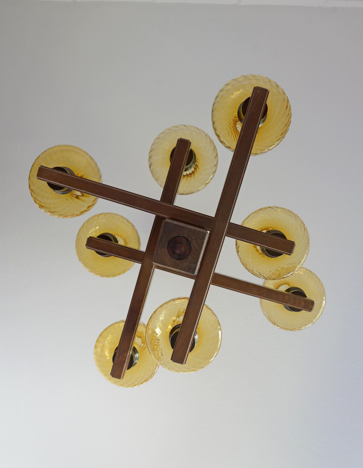 Large Vintage Wood Pendant Light / Mid Century Massive Rustic Chandelier / Colonial Style Light Fixture / Hand Carved Wood / Amber Glass photo vinterior