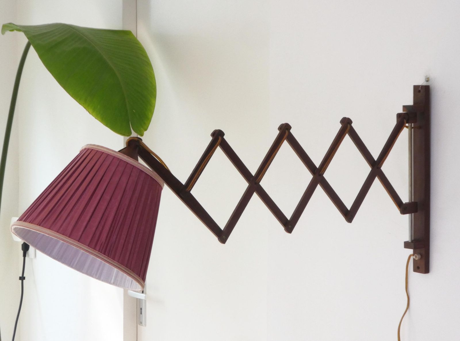 Mid Century Accordion Style Lamp With Red Pleaded Shade, Vintage Wooden Scissor Wall Lamp, Teak Scandinavian Extendable 60s Light photo furniture