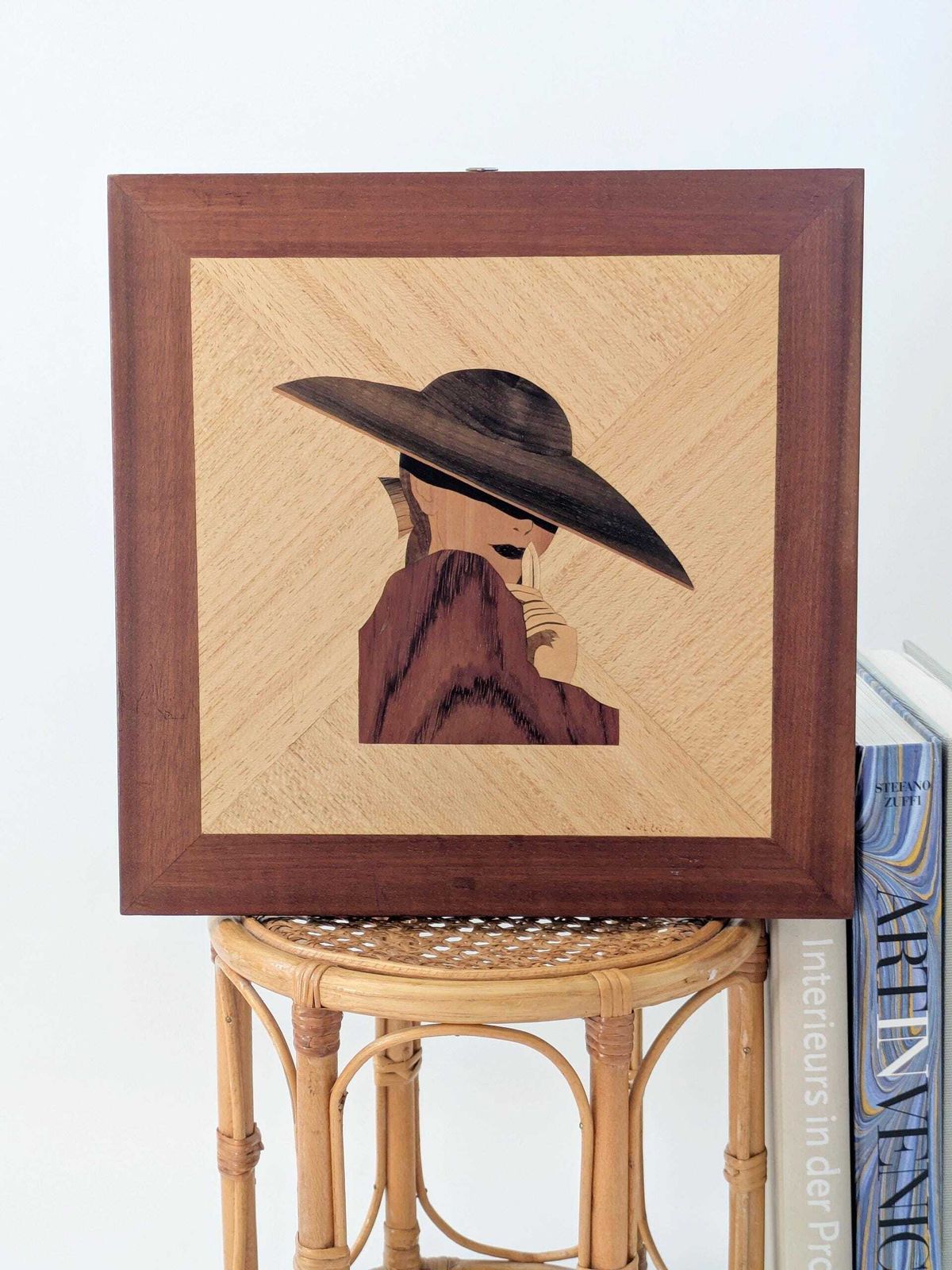 Vintage Intarsia Wood Wall Art: Elegant Woman Portrait, Mid Century Modern photo furniture