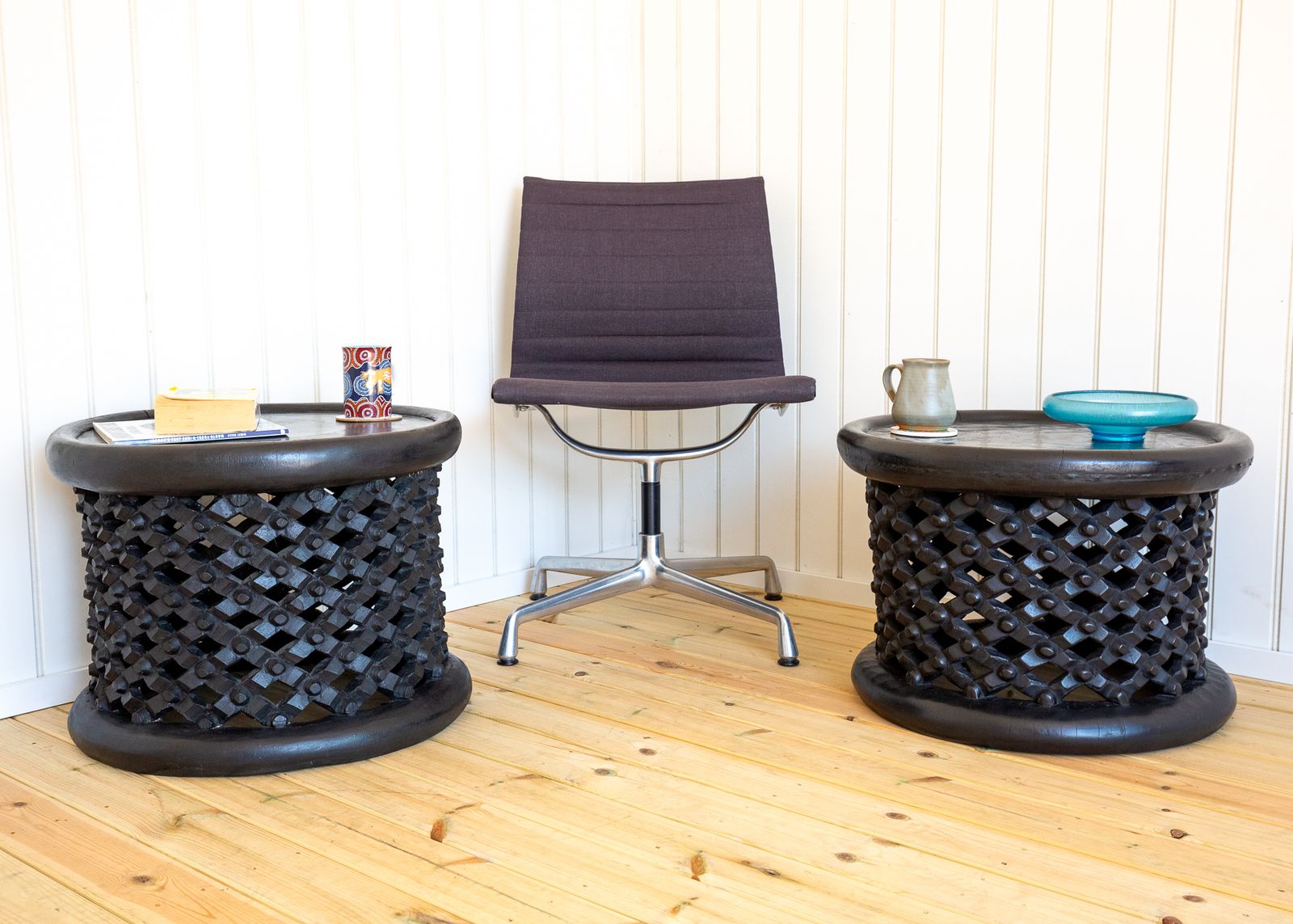 Pair Of African Coffee Tables Sculptural Organic Tribal Bamileke Black Mcm 1950s Trunk Hewn Carved Ethnographic Bohemian Cultural Sculptural Organic photo for sale