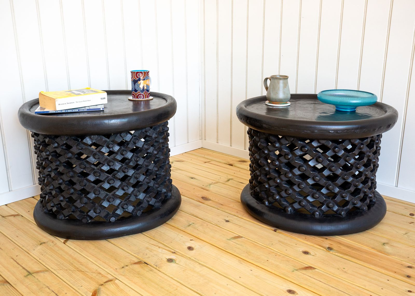 Pair Of African Coffee Tables Sculptural Organic Tribal Bamileke Black Mcm 1950s Trunk Hewn Carved Ethnographic Bohemian Cultural Sculptural Organic photo Furniture