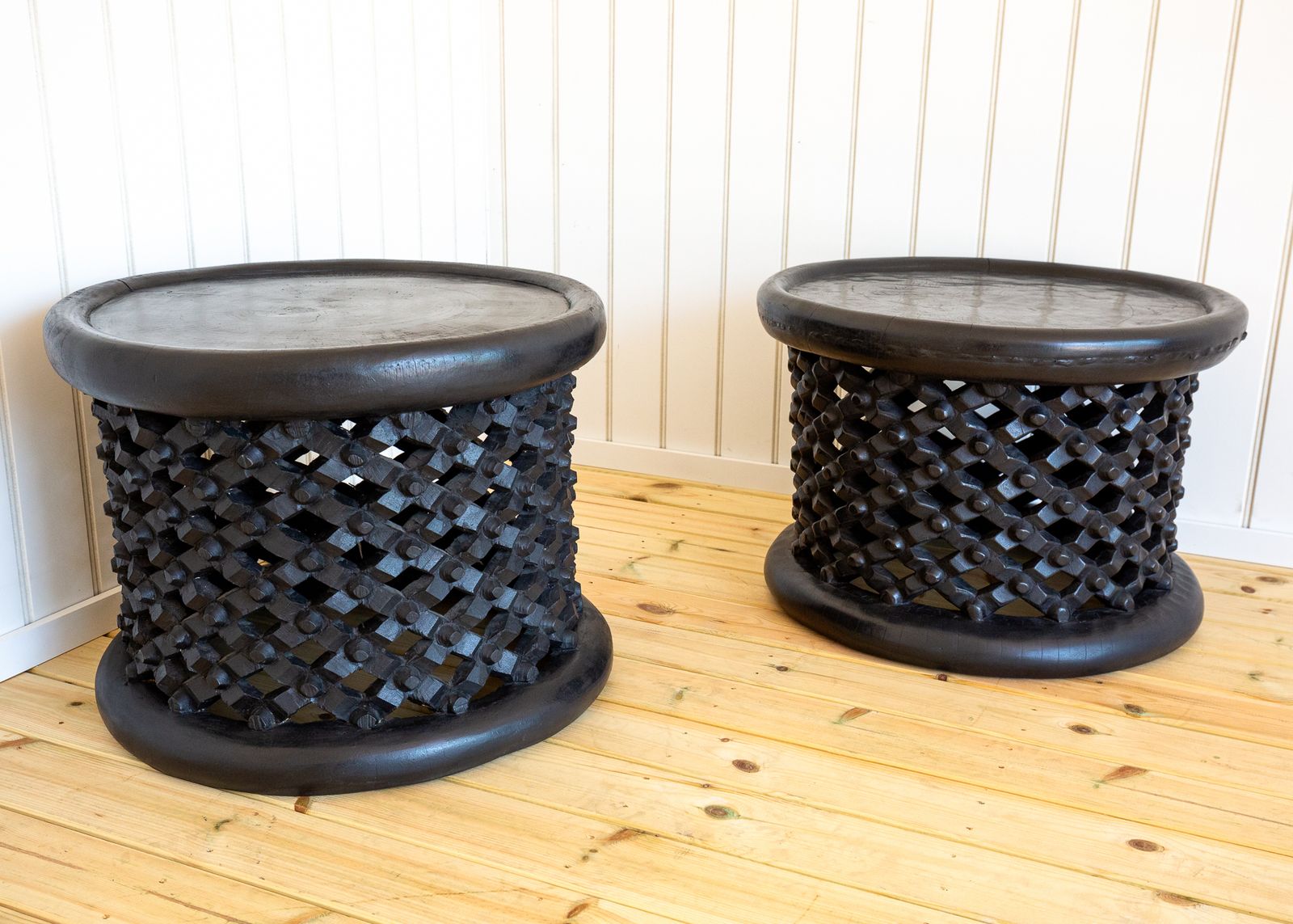 Pair Of African Coffee Tables Sculptural Organic Tribal Bamileke Black Mcm 1950s Trunk Hewn Carved Ethnographic Bohemian Cultural Sculptural Organic photo vinterior