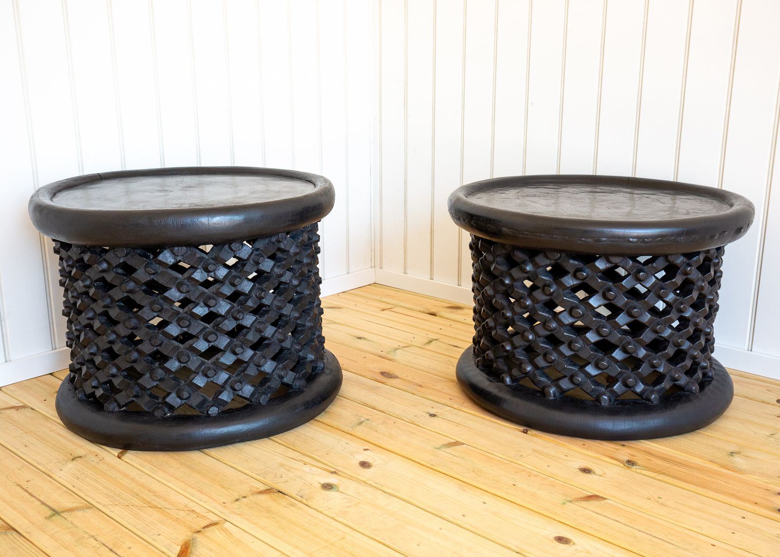 photo for sale Pair Of African Coffee Tables Sculptural Organic Tribal Bamileke Black Mcm 1950s Trunk Hewn Carved Ethnographic Bohemian Cultural Sculptural Organic