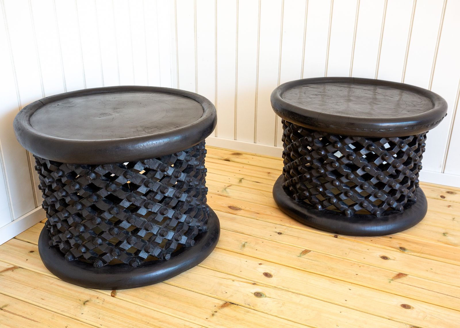 photo buy Pair Of African Coffee Tables Sculptural Organic Tribal Bamileke Black Mcm 1950s Trunk Hewn Carved Ethnographic Bohemian Cultural Sculptural Organic
