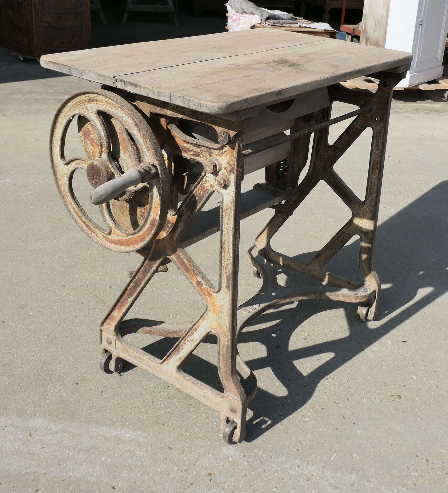 Pine Top Mangle Or Cast Iron Industrial Garden Table photo Garden Furniture