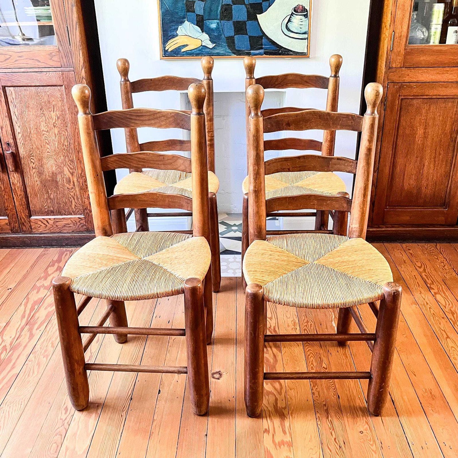 Set Of Four French Charles Dudouyt Style Dining Chairs With Rush Seats photo for sale