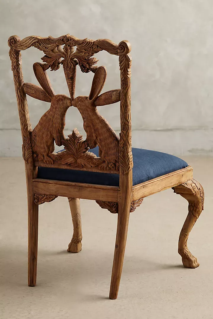 And Carved Wooden Rabbit Chair With Blue Cushion – Artisan Animal Motif Design Regular photo for sale