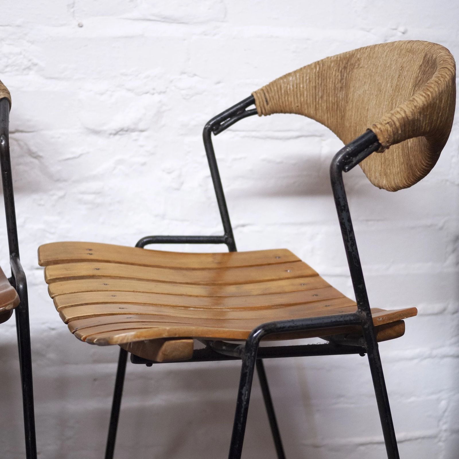 Wrought Iron Wicker & Slatted Wood Bar Stools By Arthur Umanoff For Raymor, 1950s, Set Of 2 photo furniture
