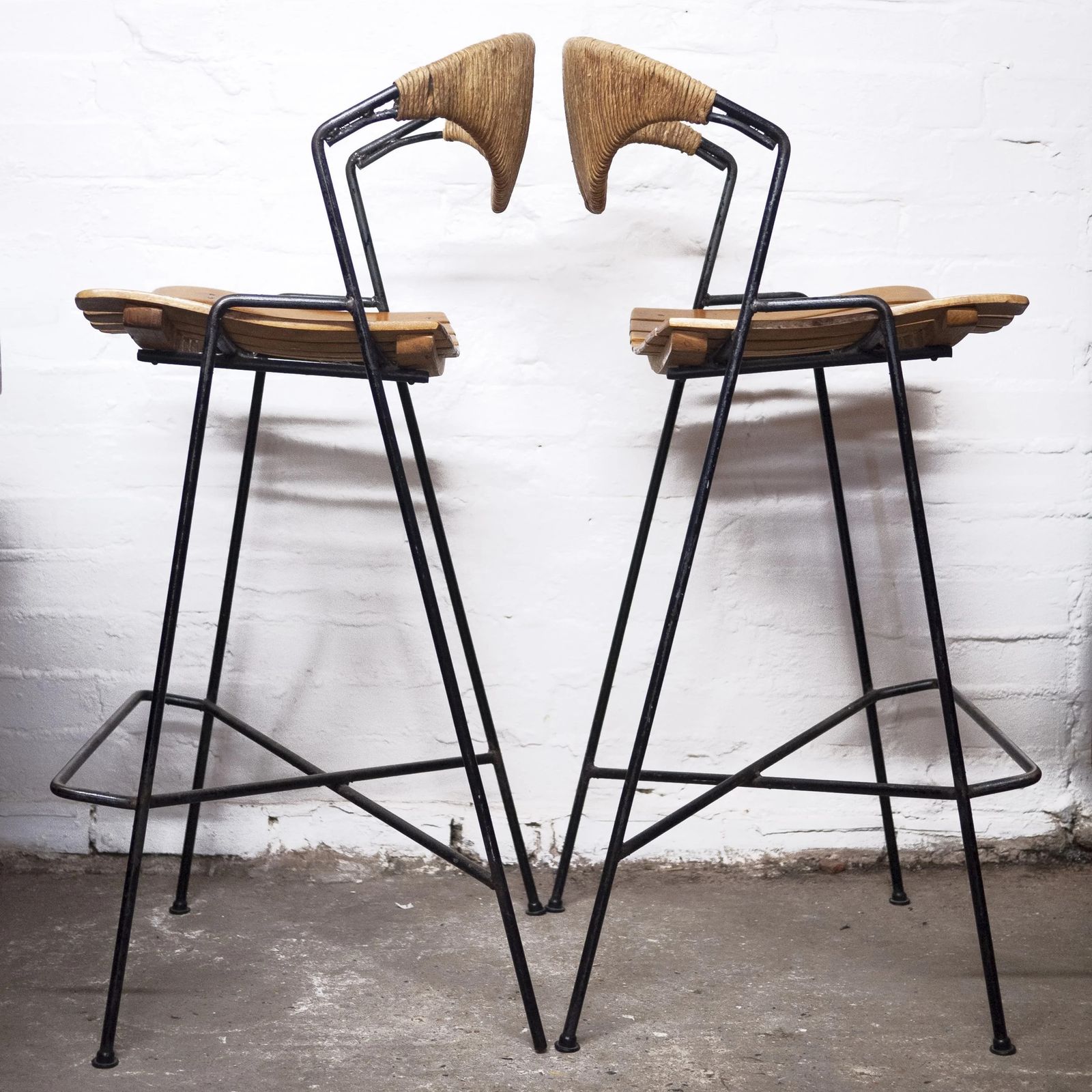 Wrought Iron Wicker & Slatted Wood Bar Stools By Arthur Umanoff For Raymor, 1950s, Set Of 2 photo 1395.0