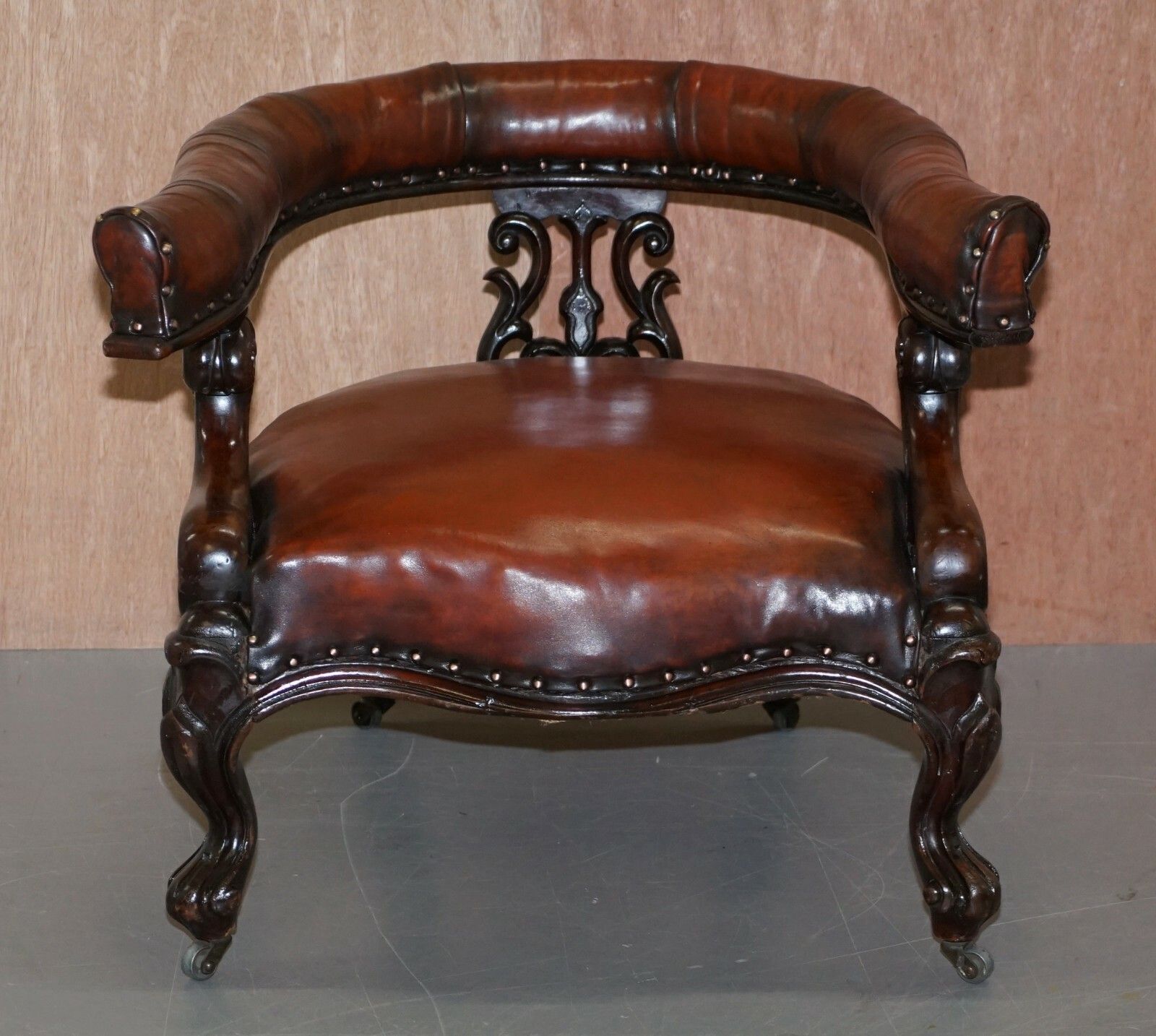 Rare Fully Restored Regency Show Framed Carved Mahognay Brown Leather Armchair photo furniture