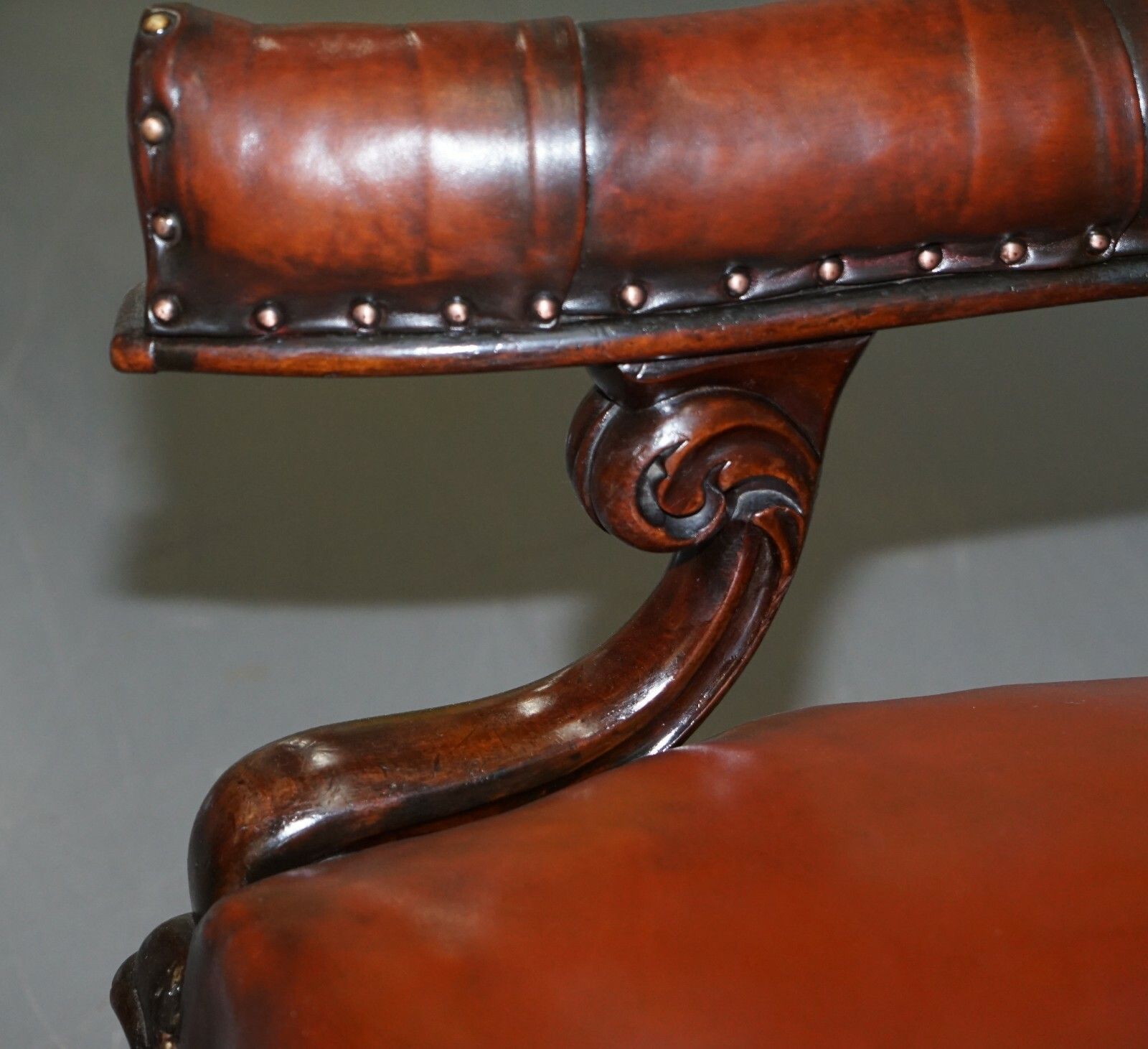 Rare Fully Restored Regency Show Framed Carved Mahognay Brown Leather Armchair photo buy