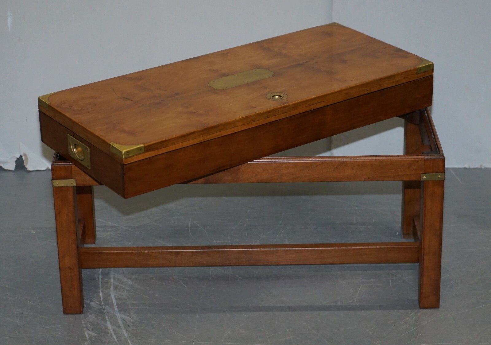 3300.0 Rare Burr Yew Wood Military Campaign Gun Case Coffee Side Table On Original Base photo