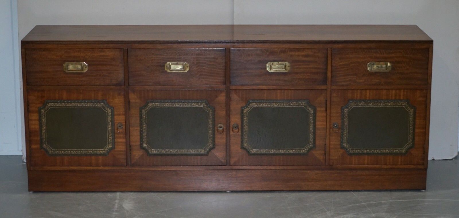 Lovely Harrods Flamed Mahogany & Green Leather Military Campaign Sideboard photo furniture