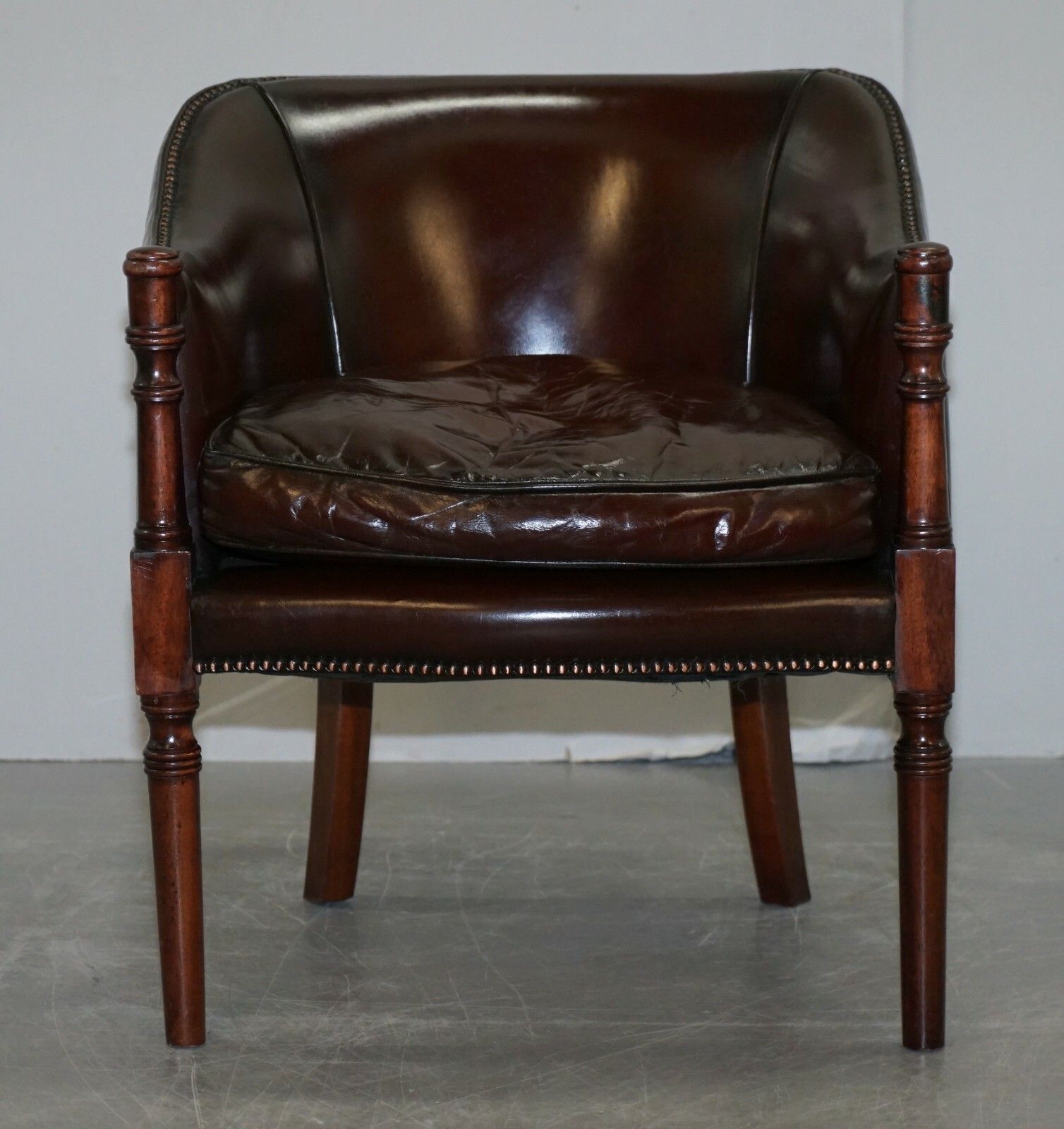 Lovely Fully Restored Vintage Hand Dyed Studded Brown Leather Tub Club Armchair photo furniture