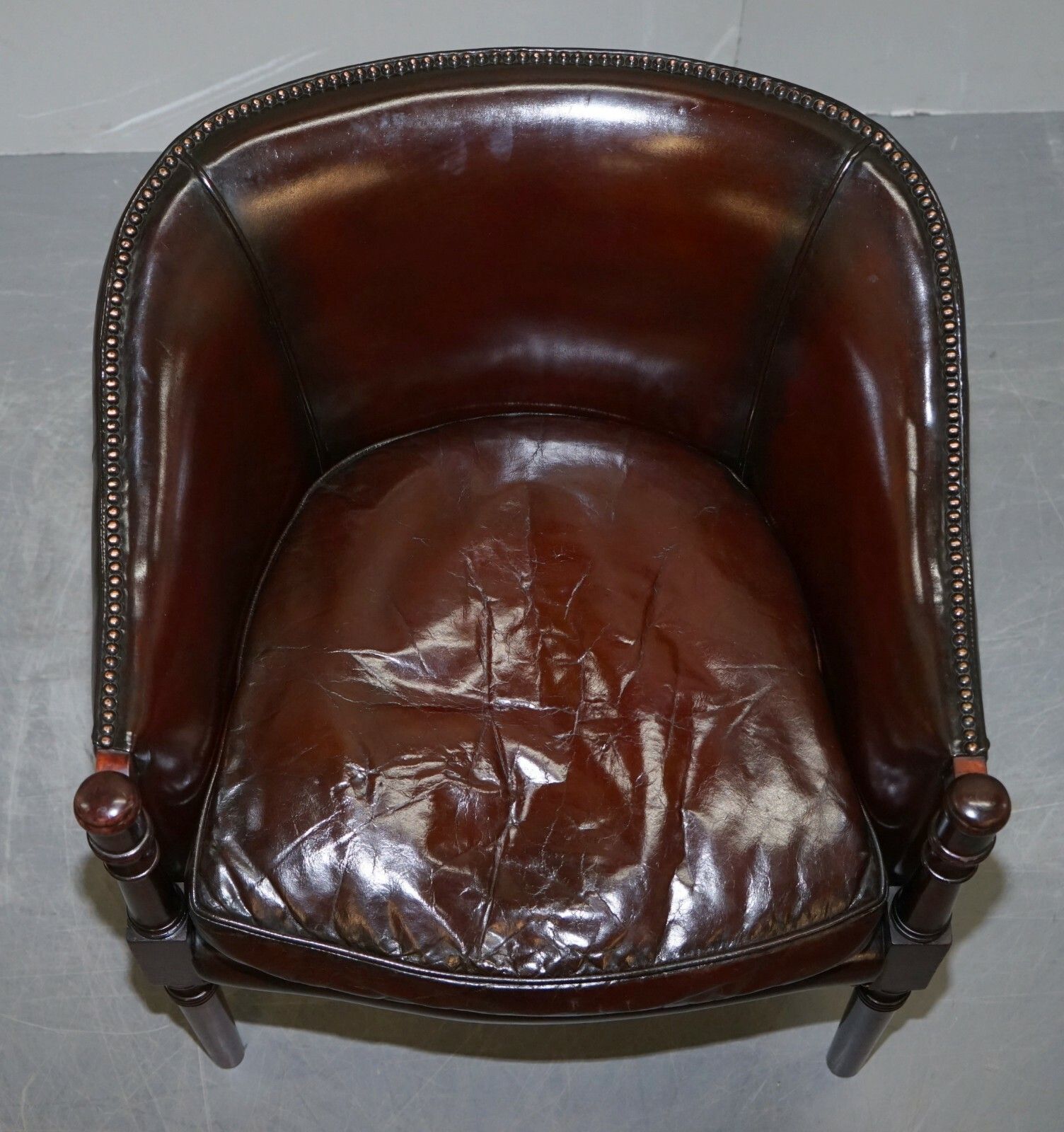 Lovely Fully Restored Vintage Hand Dyed Studded Brown Leather Tub Club Armchair photo for sale