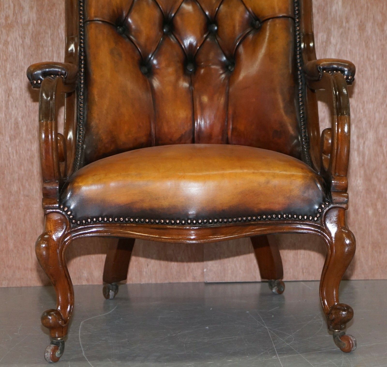 Stunning Show Framed Early Victorian Chesterfield Brown Leather Library Armchair photo for sale