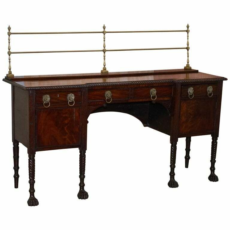 Original 1790 Georgian Irish Mahogany Sideboard With Brass Gallery Lion Handles