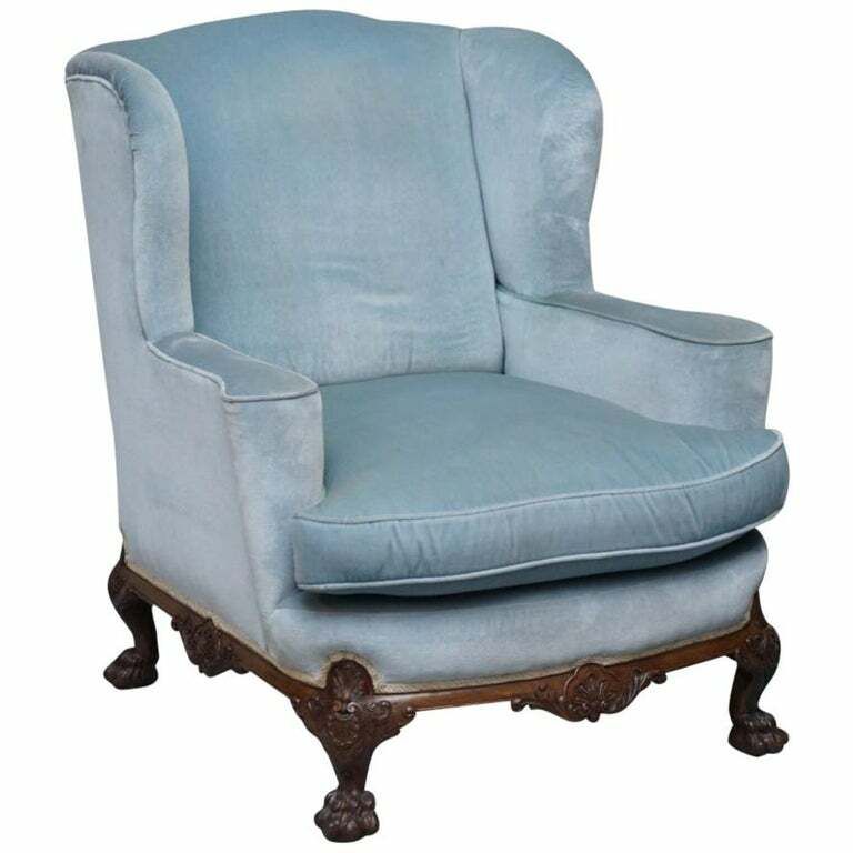 Heavily Carved Lion Hairy Paw Feet Victorian Armchair Sky Blue Velvet George II