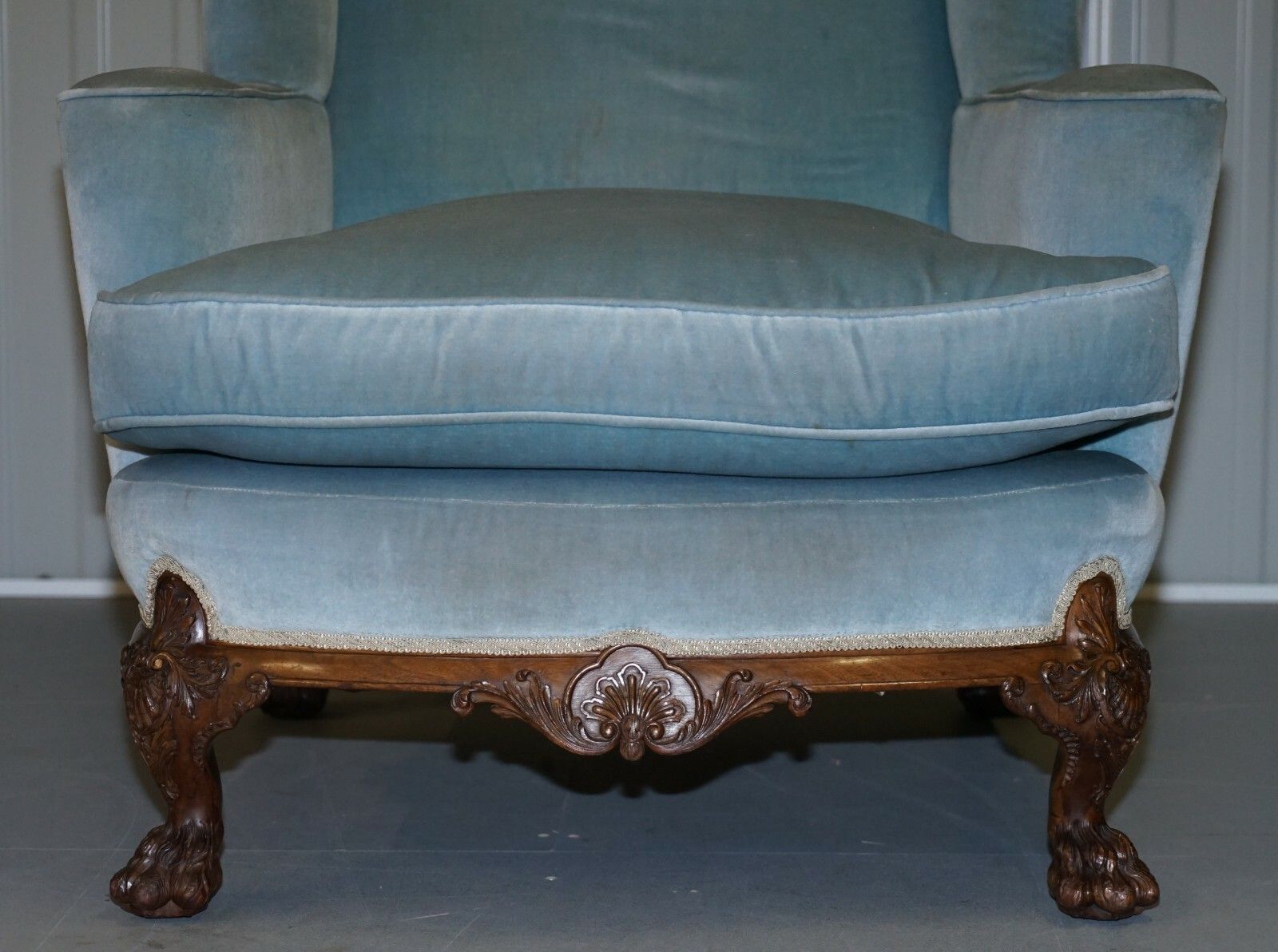 Heavily Carved Lion Hairy Paw Feet Victorian Armchair Sky Blue Velvet George II photo buy