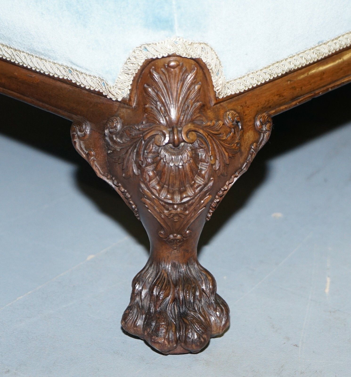 photo for sale Heavily Carved Lion Hairy Paw Feet Victorian Armchair Sky Blue Velvet George II