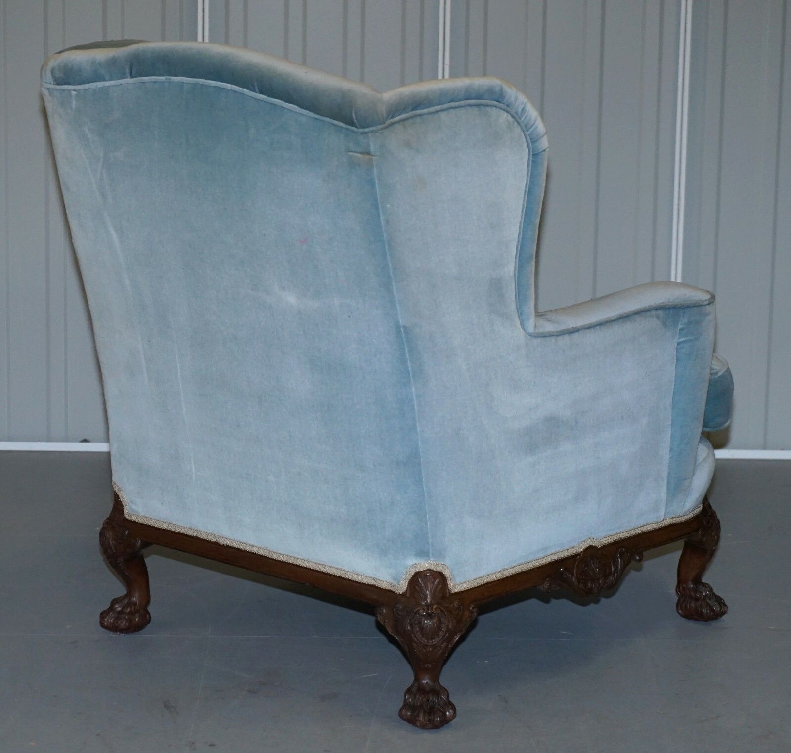 Furniture Heavily Carved Lion Hairy Paw Feet Victorian Armchair Sky Blue Velvet George II photo