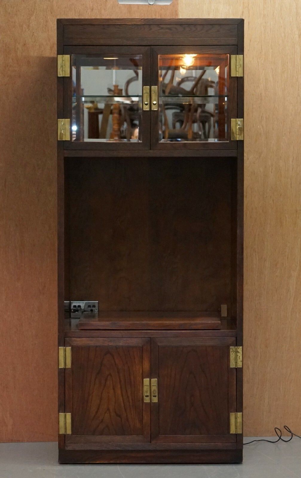 Hendredon Military Campaign Media Cupboard Telvision Stand Spotlights & Power photo furniture