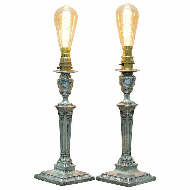 Rare Pair Of 1879 James Bembridge Sterling Silver Corinthian Candlestick Lamps