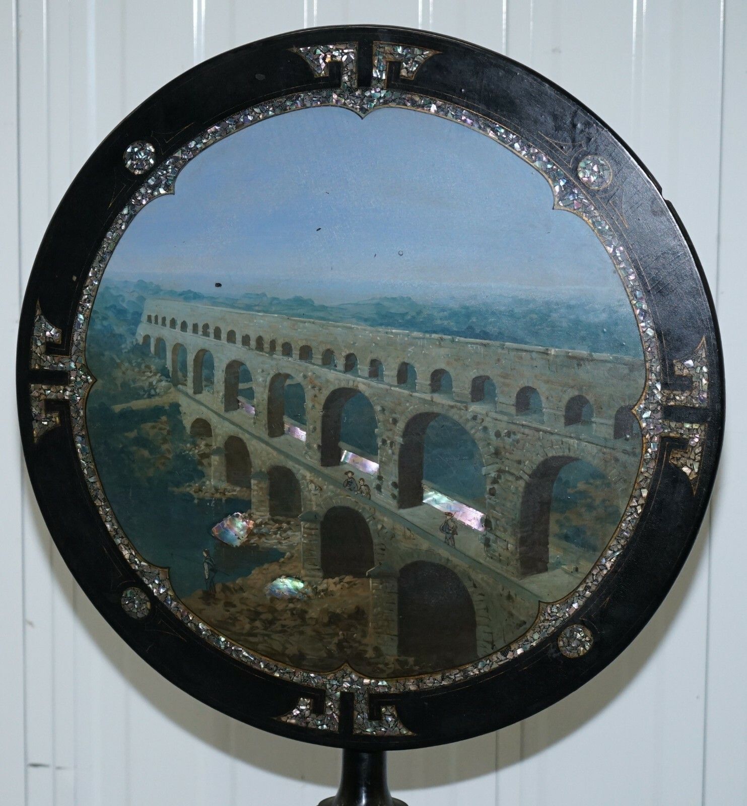 Rare 19th Century Pont Du Gard Aqueduct Grand Tour Mother Of Pearl Tripod Table photo for sale