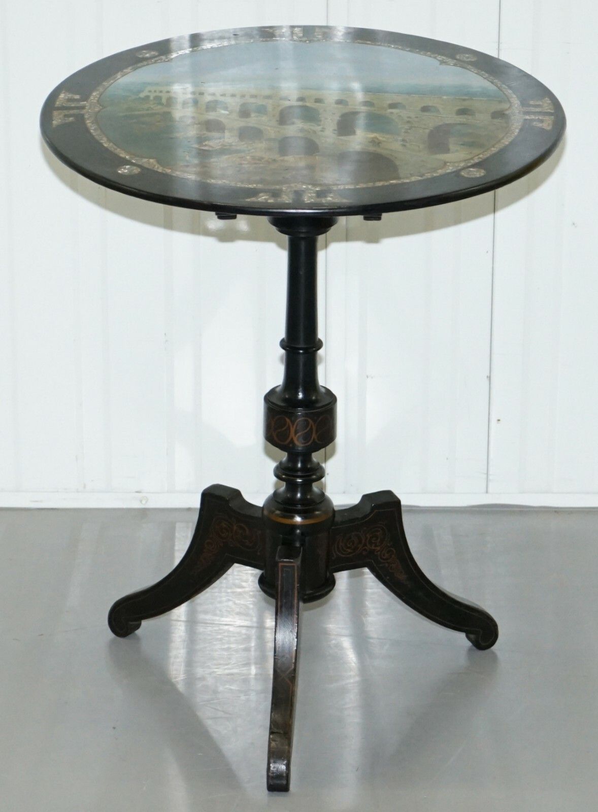 Rare 19th Century Pont Du Gard Aqueduct Grand Tour Mother Of Pearl Tripod Table photo vintage