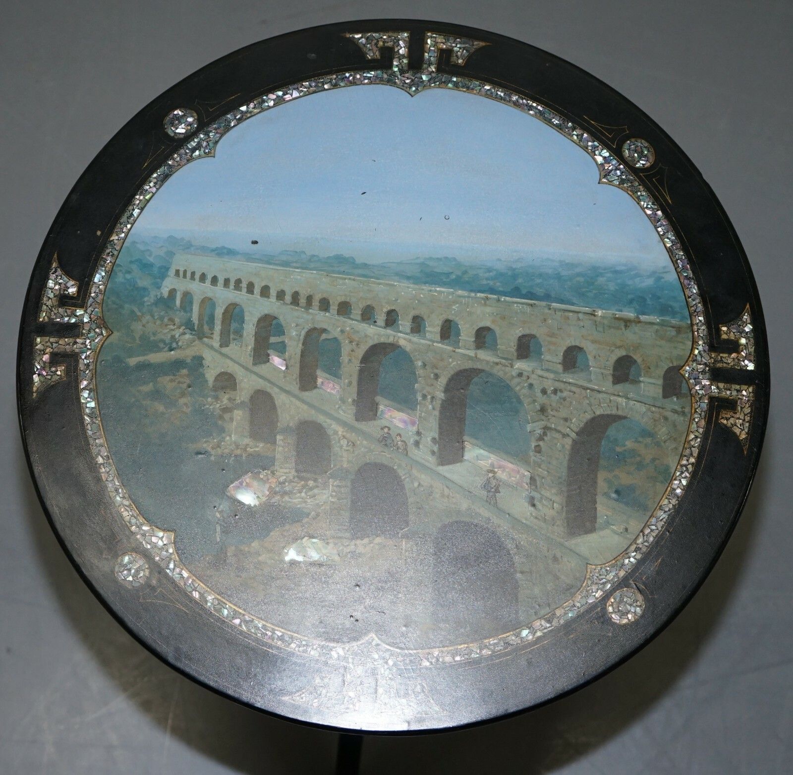 photo for sale Rare 19th Century Pont Du Gard Aqueduct Grand Tour Mother Of Pearl Tripod Table