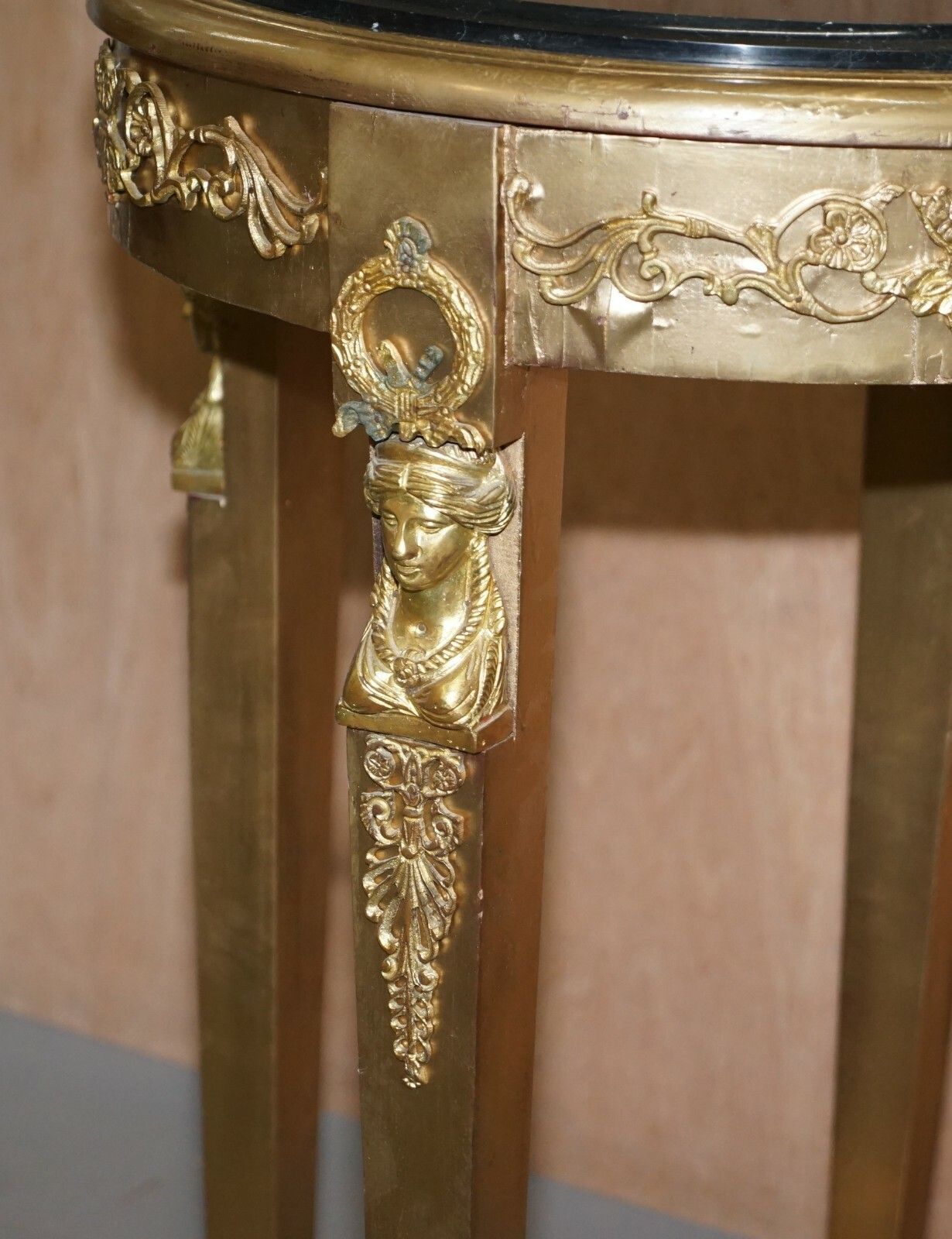 photo for sale Pair Of French Empire Louis XVII Giltwood Marble Topped Jardiniere Bust Stands
