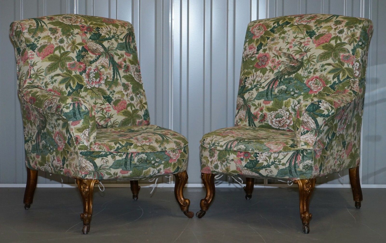 Rare Pair Of Giltwood Victorian Asymmetrical Armchairs Embroidered Bird Covers photo buy