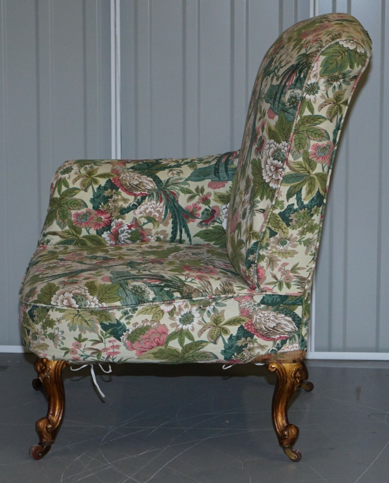 2500.0 Rare Pair Of Giltwood Victorian Asymmetrical Armchairs Embroidered Bird Covers photo