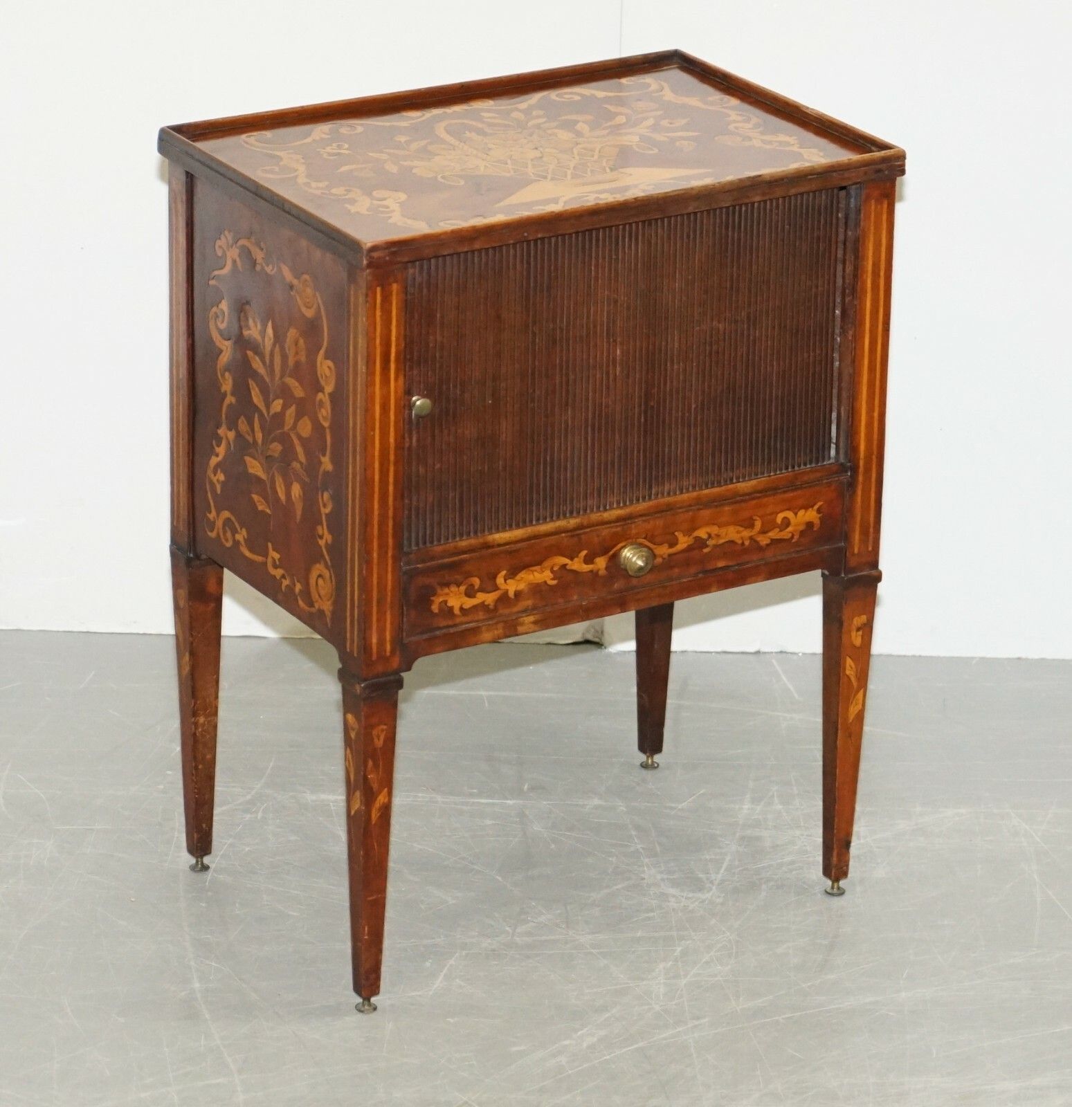 Lovely 19th Century Dutch Marquetry Inlaid Side Table With Tambour Fronted Door photo furniture