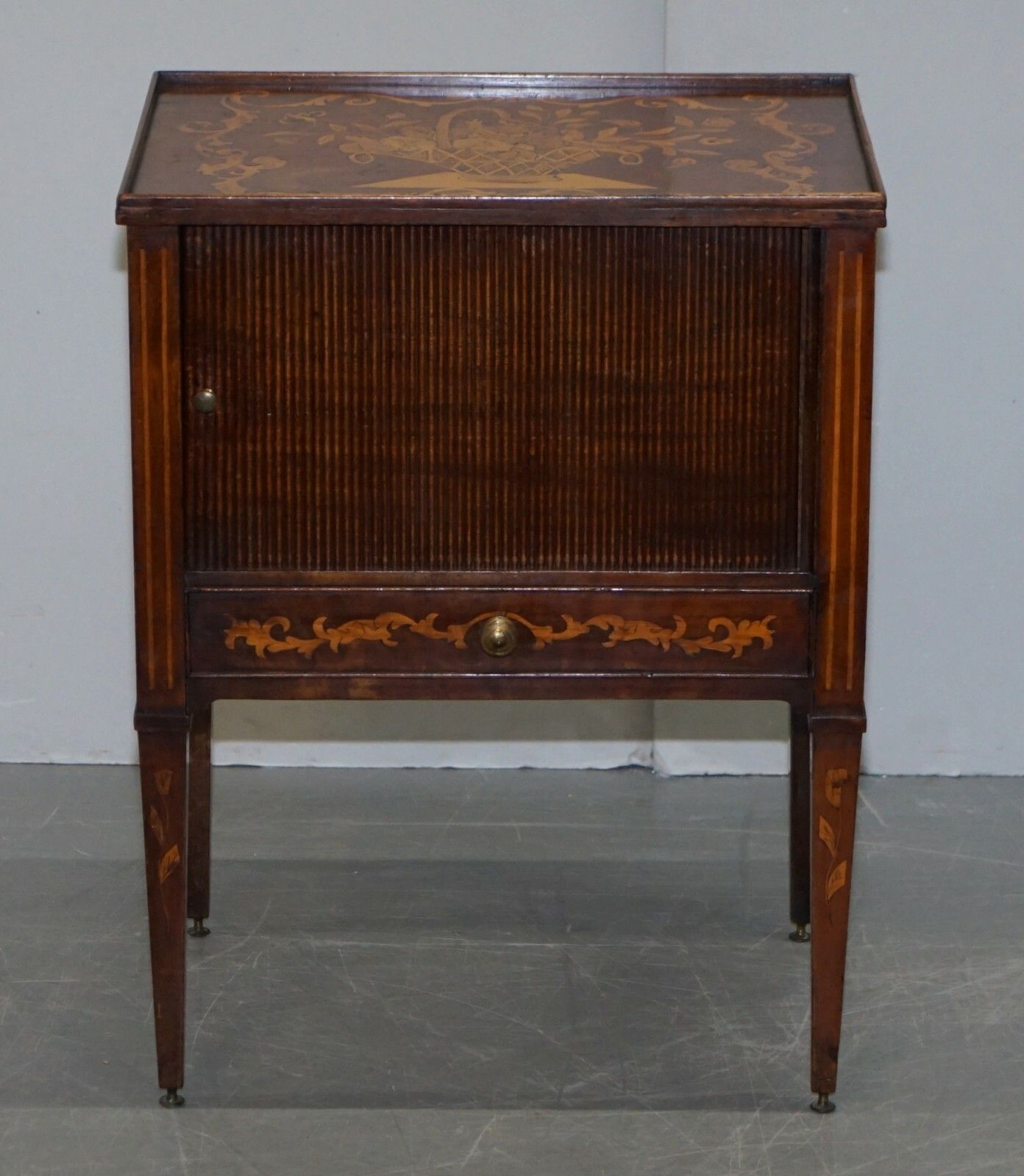 Lovely 19th Century Dutch Marquetry Inlaid Side Table With Tambour Fronted Door photo for sale