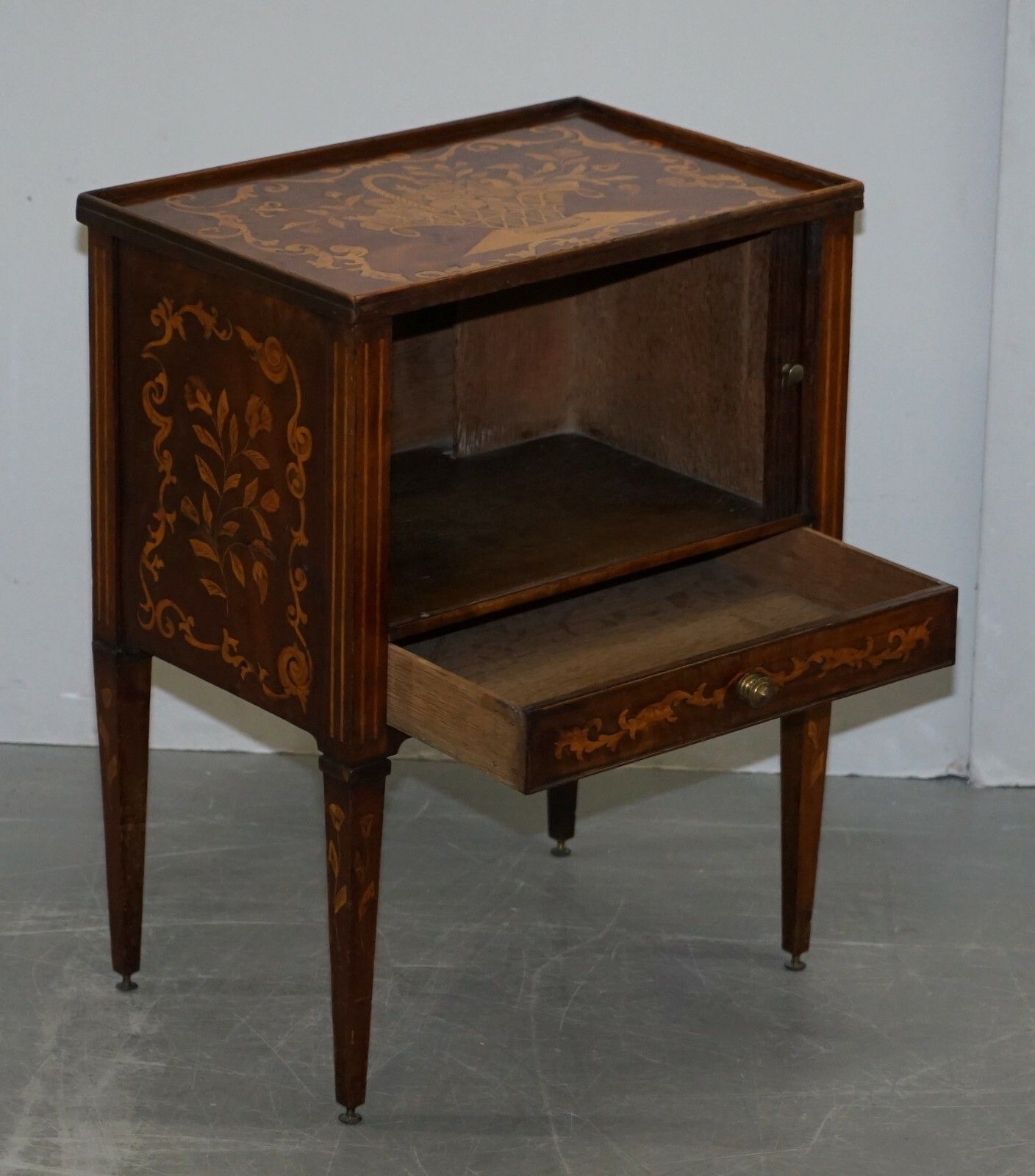 Furniture Lovely 19th Century Dutch Marquetry Inlaid Side Table With Tambour Fronted Door photo